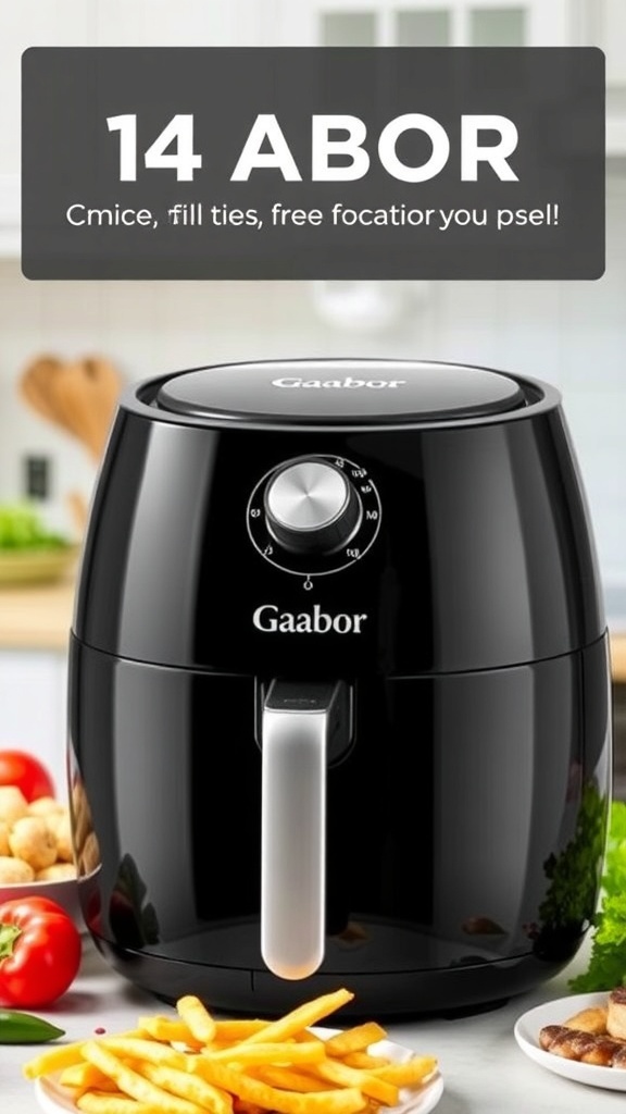 Gaabor 1.4L air fryer on a kitchen countertop with fresh vegetables and crispy fries.